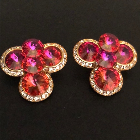 HOT PINK IRIDESCENT RHINESTONE GEM GOLD EARRINGS - Picture 15 of 15